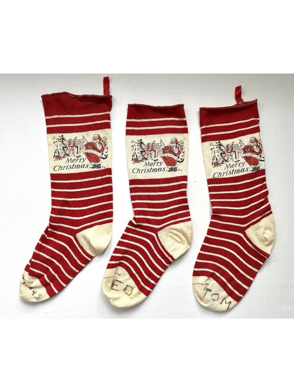 3 Vintage 1950s Knit Christmas Stockings Santa Red & White Stripes 15”